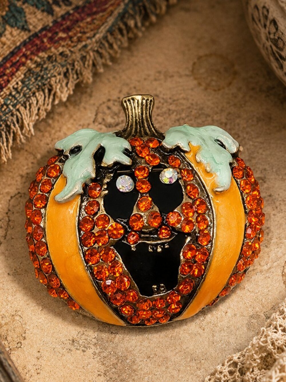 Sparkling Pumpkin Jack-O’-Lantern Crystal Brooch Pin Halloween Rhinestones